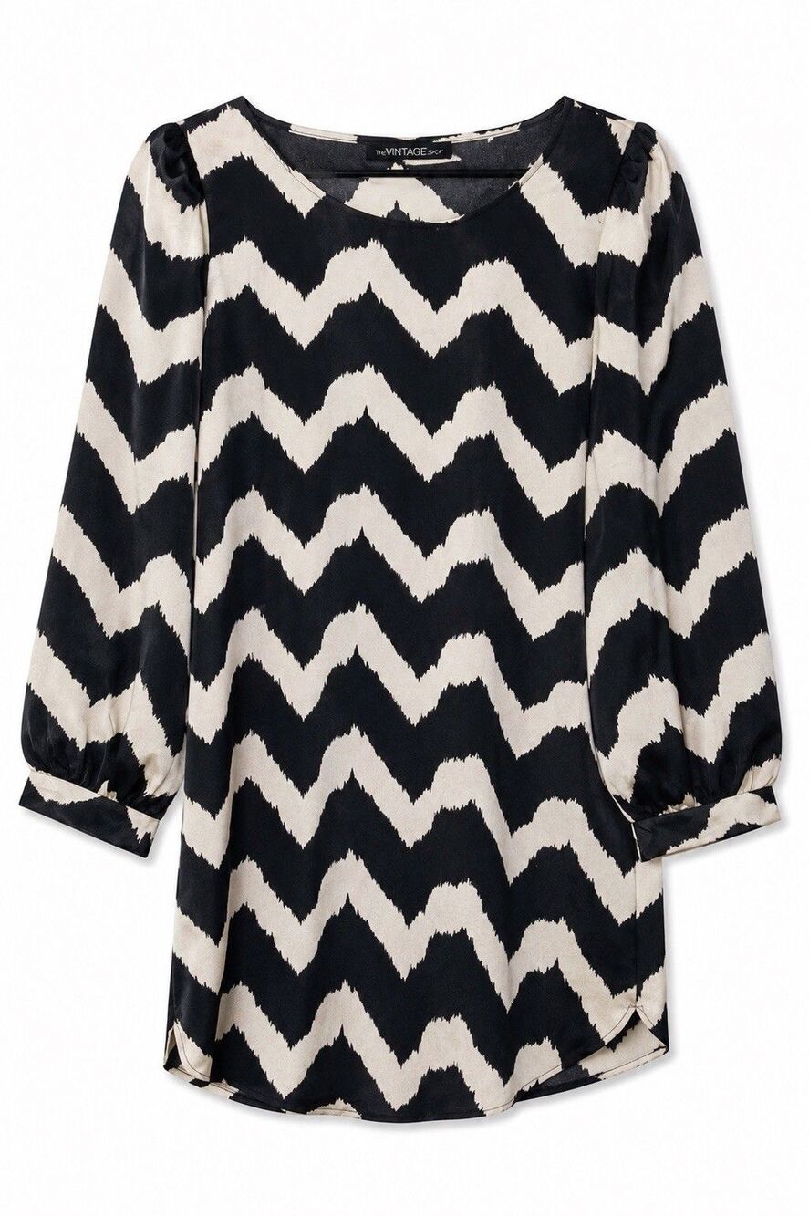 The Vintage Shop Dress Women's Medium Black Chevron Shift Long Sleeve Casual